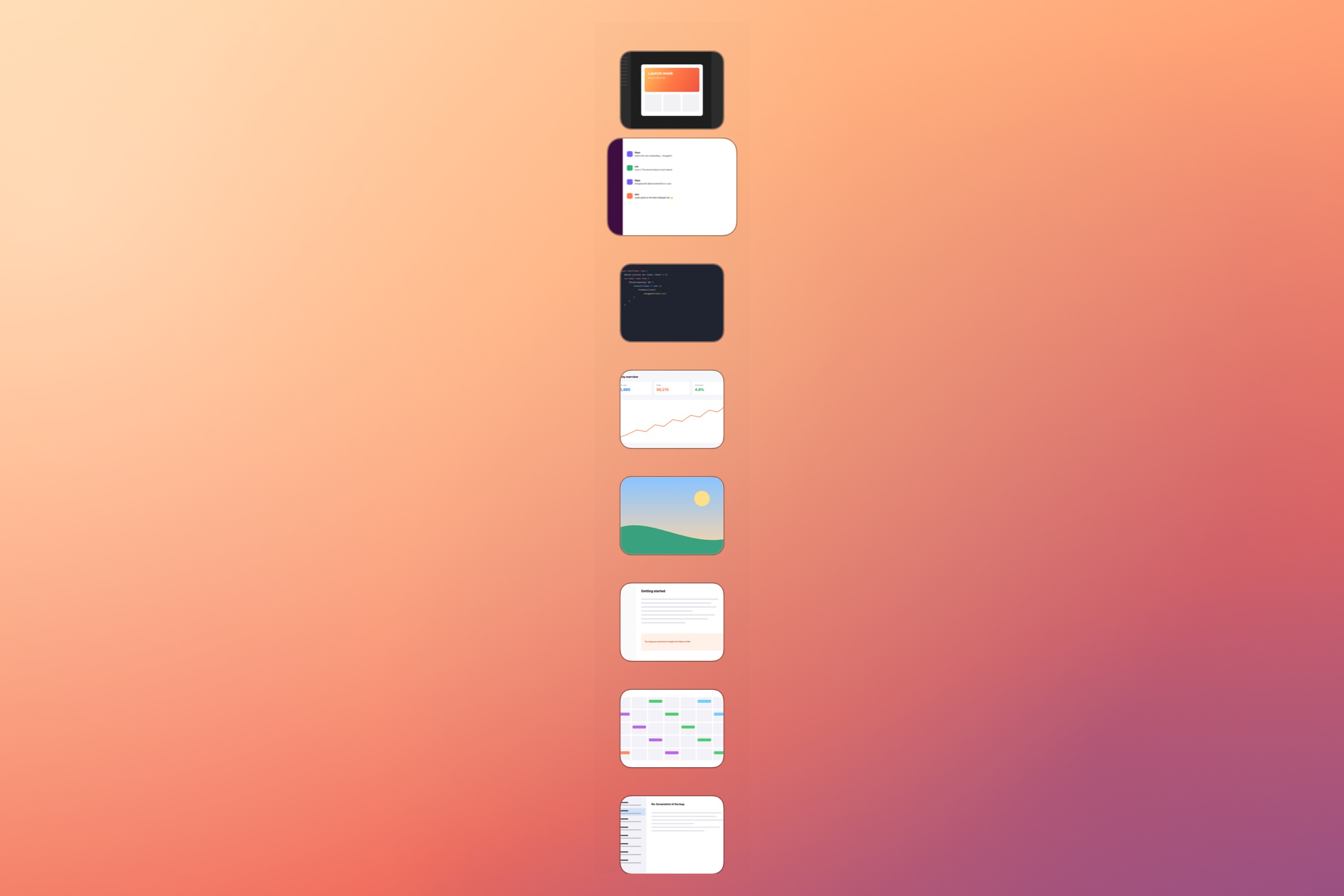 Product illustration of screenshots expanded in a compact column, ready to browse